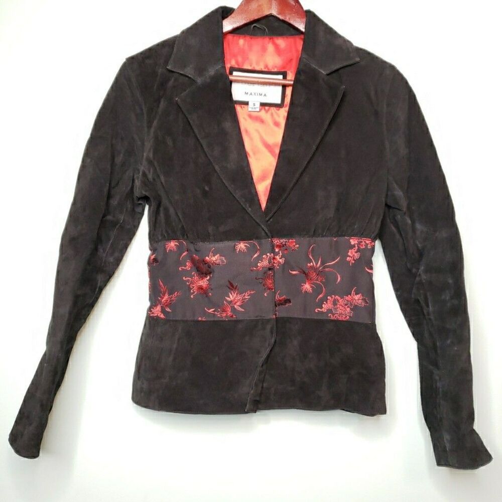 Wilsons Leather Maxima Suede Jacket Vintage Asian Red Satin Floral Womens Small
